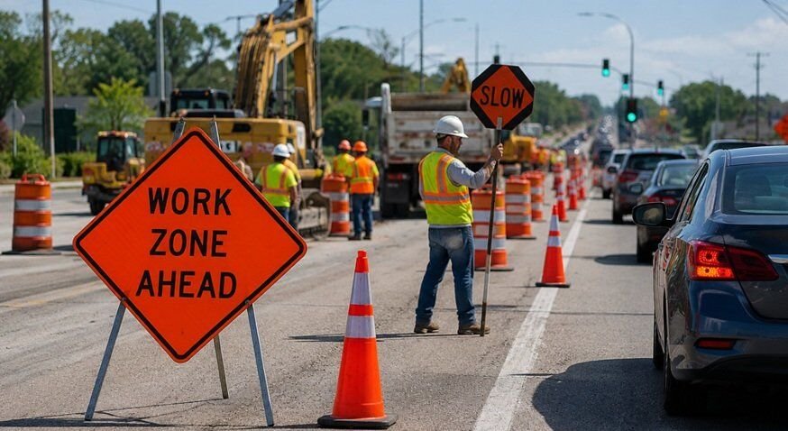 Road construction work zone with traffic control barriers, safety cones, construction workers in reflective gear, and vehicles moving through an organized roadway project under daylight conditions.