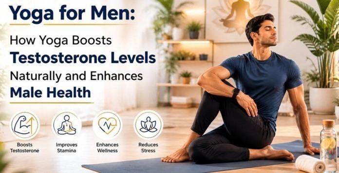 Man practicing yoga in a calm, modern studio with natural light and greenery, promoting men’s health and wellness.