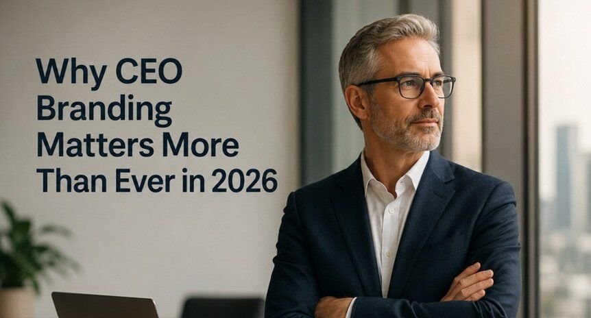 Professional CEO standing confidently in a modern office, representing leadership visibility, executive branding, corporate reputation, and personal brand influence in 2026.