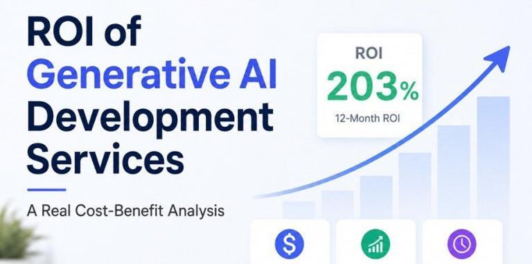 ROI of Generative AI Development Services showing cost savings, revenue growth, operational efficiency, and business return on investment through AI-powered solutions.