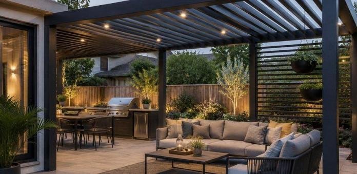 Modern pergola with comfortable outdoor seating and dining area creating a stylish and functional backyard living space.