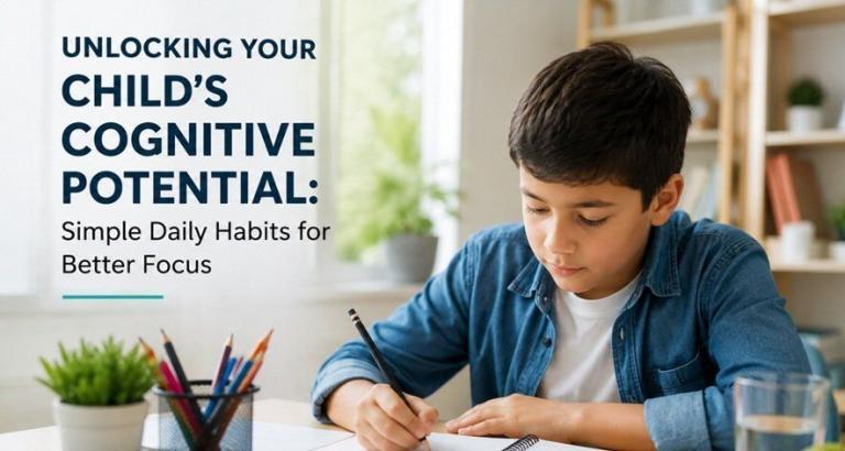Unlocking Your Child’s Cognitive Potential – focused child studying at a desk with books, healthy snacks, and a distraction-free learning environment to improve concentration, focus, and cognitive development.