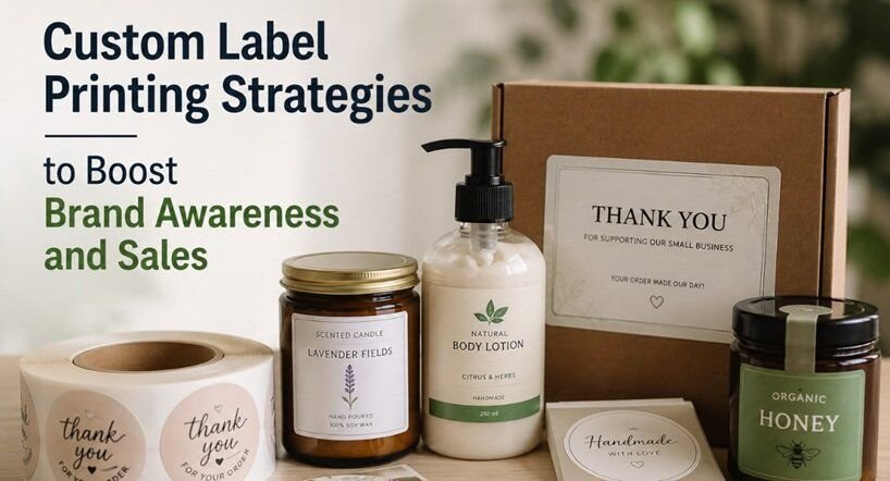 Custom label printing on branded packaging products including bottles, jars, stickers, and boxes displayed to showcase brand awareness, product marketing, and sales growth strategies.