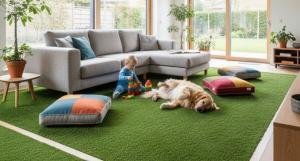 Artificial grass creating a safe, pet-friendly, and child-friendly indoor play area in a modern home.