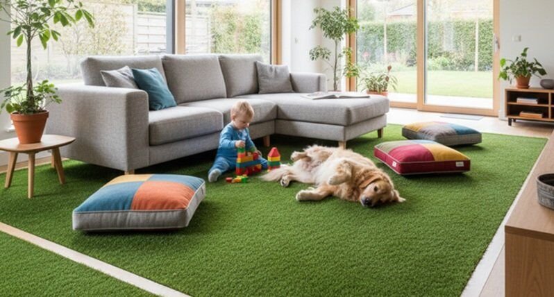 Artificial grass creating a safe, pet-friendly, and child-friendly indoor play area in a modern home.