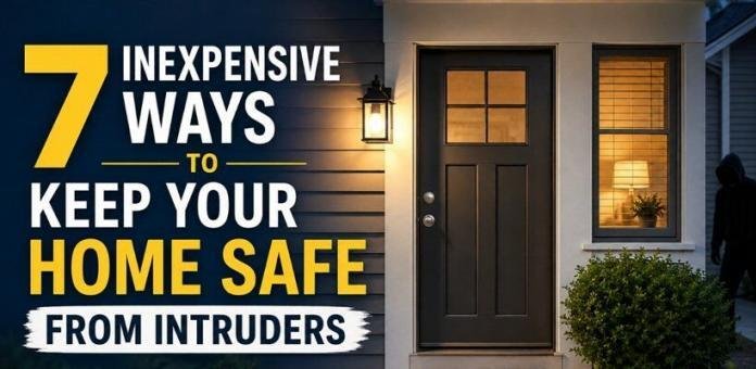 Modern home entrance with outdoor security lighting, strong door locks, secure windows, and affordable home security measures to protect against intruders.