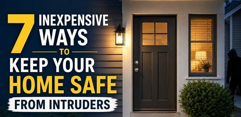 Modern home entrance with outdoor security lighting, strong door locks, secure windows, and affordable home security measures to protect against intruders.