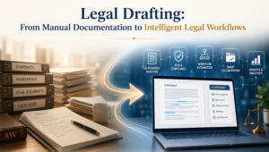 Illustration showing the evolution of legal drafting from manual paper-based documentation to AI-powered intelligent legal workflows with digital contract management, automation, compliance, and collaboration tools.