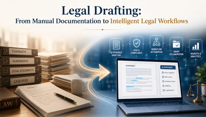 Illustration showing the evolution of legal drafting from manual paper-based documentation to AI-powered intelligent legal workflows with digital contract management, automation, compliance, and collaboration tools.