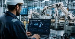 Manufacturing software developer monitoring smart factory operations with AI-powered automation, robotics, and real-time production analytics in a modern industrial facility.