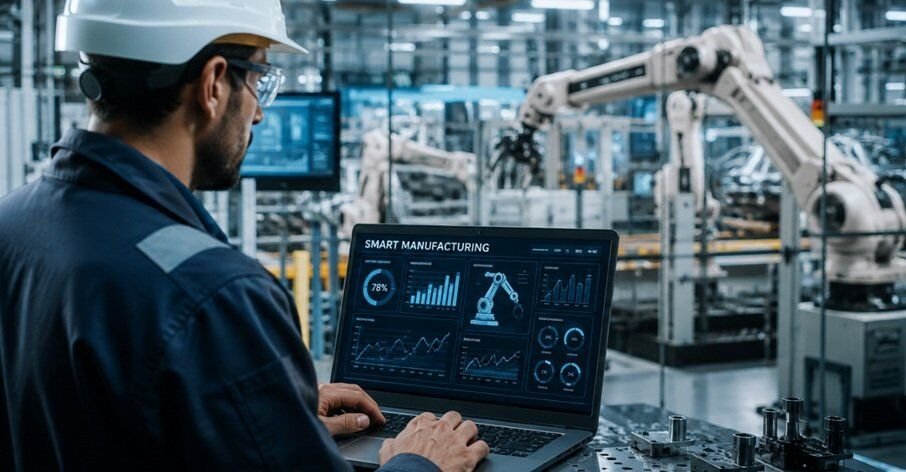 manufacturing Manufacturing software developer monitoring smart factory operations with AI-powered automation, robotics, and real-time production analytics in a modern industrial facility.