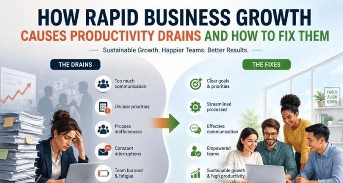 Business productivity infographic illustrating how rapid company growth leads to communication overload, unclear priorities, process inefficiencies, and team burnout, with strategies for streamlining workflows and achieving sustainable growth.
