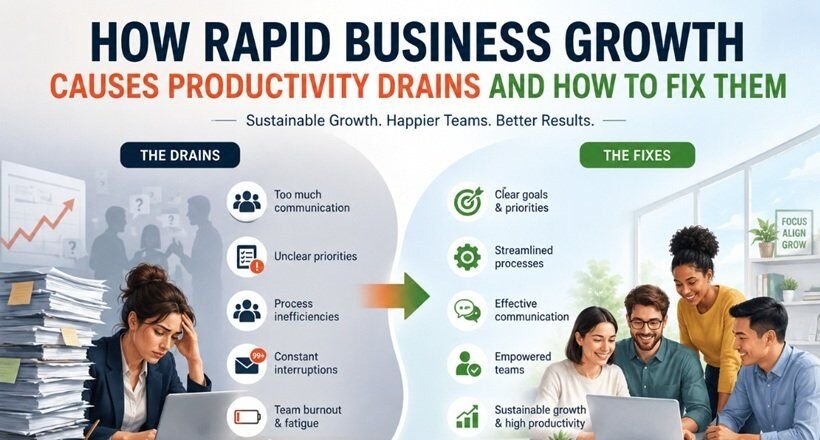 Business productivity infographic illustrating how rapid company growth leads to communication overload, unclear priorities, process inefficiencies, and team burnout, with strategies for streamlining workflows and achieving sustainable growth.