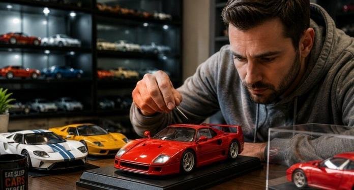 Sports model car collection hobby with detailed miniature supercars and enthusiast displaying realistic scale model vehicles.