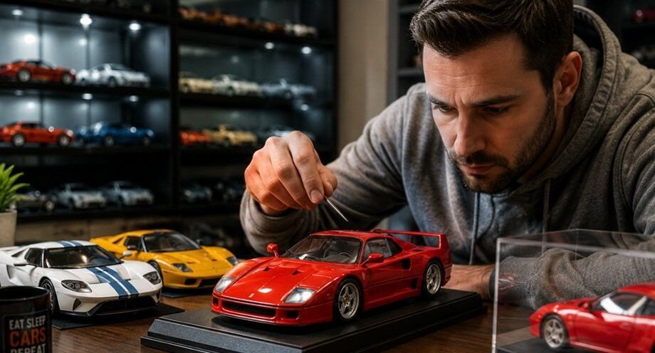 Sports model car collection hobby with detailed miniature supercars and enthusiast displaying realistic scale model vehicles.