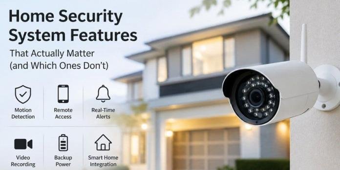 Home security camera protecting a modern house with essential home security system features including motion detection, remote access, real-time alerts, video recording, backup power, and smart home integration