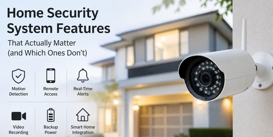 camera Home security camera protecting a modern house with essential home security system features including motion detection, remote access, real-time alerts, video recording, backup power, and smart home integration