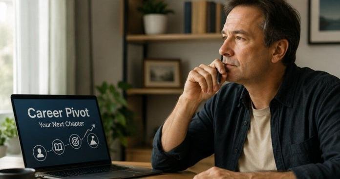 Professional in midlife planning a career change with laptop and notes, preparing for an AI-driven and automated future in a modern home office.