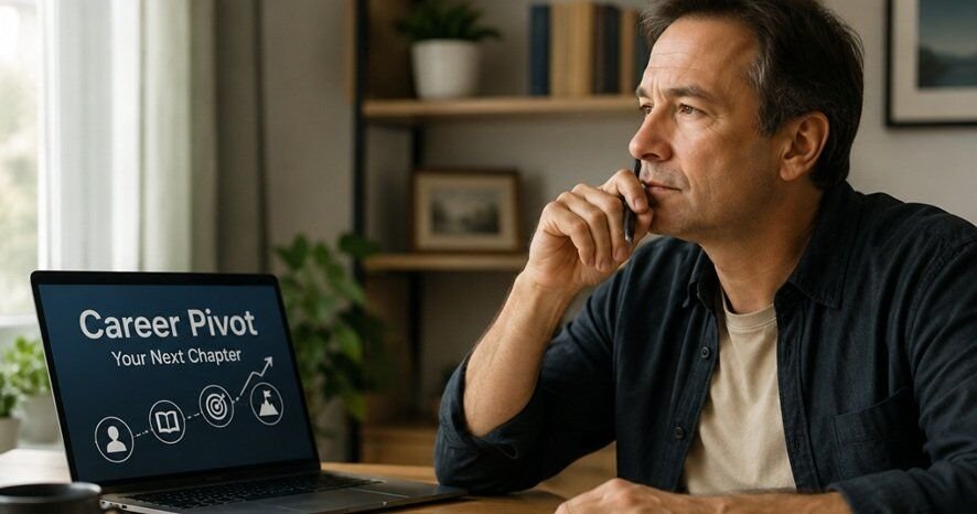 Professional in midlife planning a career change with laptop and notes, preparing for an AI-driven and automated future in a modern home office.