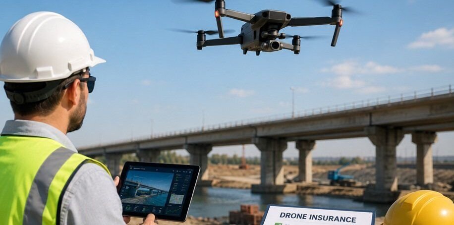 Commercial drone inspecting bridge infrastructure while an engineer monitors flight data, highlighting drone insurance, risk management, and business growth