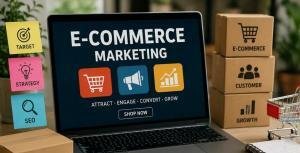 Professional e-commerce marketing workspace showing online store analytics, digital marketing strategy, product packaging, and business growth planning.