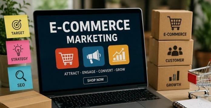 Professional e-commerce marketing workspace showing online store analytics, digital marketing strategy, product packaging, and business growth planning.