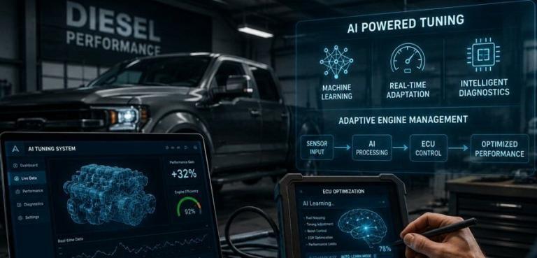 AI-powered diesel tuning system analyzing engine performance in a modern workshop with a pickup truck and intelligent engine management diagnostics