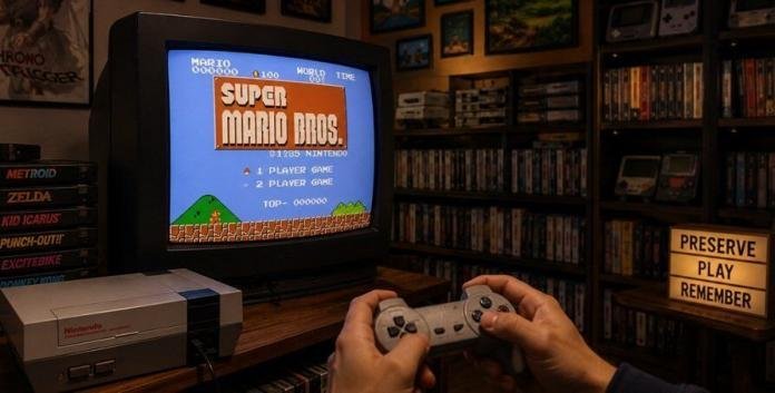 Vintage video game consoles, game cartridges, and a classic gaming setup highlighting the importance of video game preservation for gaming history, culture, and digital heritage.