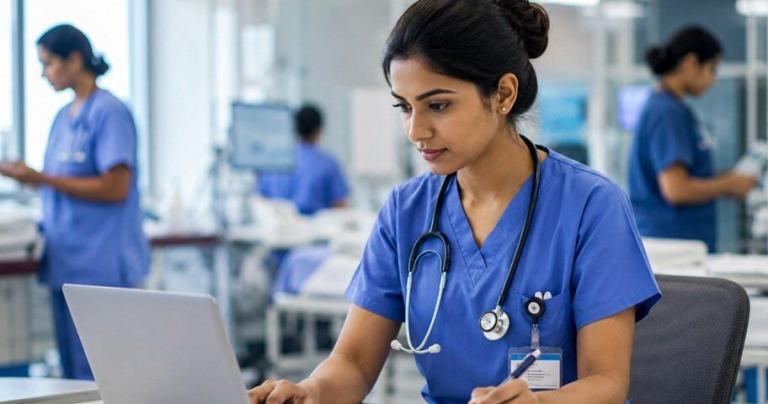 Professional nurse using a digital tablet while analyzing patient data, representing critical thinking, digital skills, and professional growth in modern healthcare.