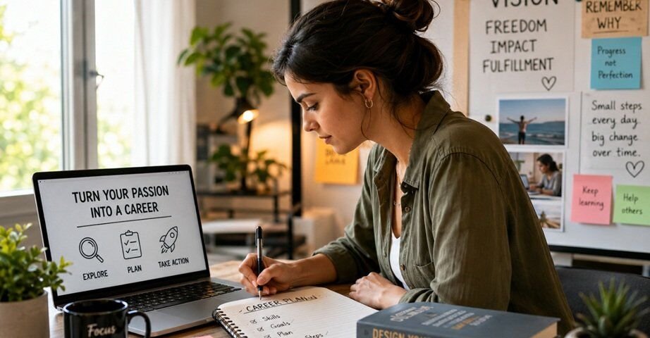 passion Professional planning a career transition by working on a passion-driven career plan at a modern home office with laptop, notebook, and goal board.