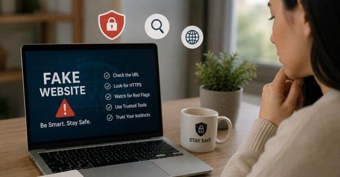 Person reviewing a suspicious website on a laptop with cybersecurity warning signs and website safety checklist