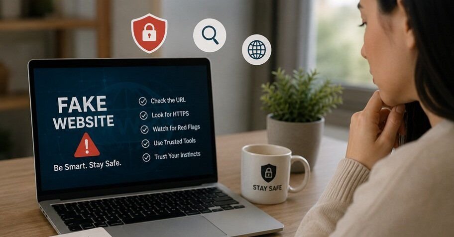 Person reviewing a suspicious website on a laptop with cybersecurity warning signs and website safety checklist