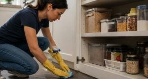 Woman cleaning hidden areas of a kitchen pantry during a late-summer home deep clean to prevent pests before fall