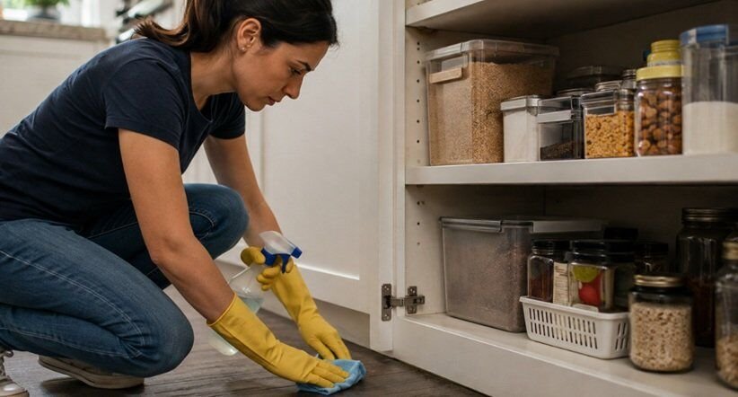 Woman cleaning hidden areas of a kitchen pantry during a late-summer home deep clean to prevent pests before fall