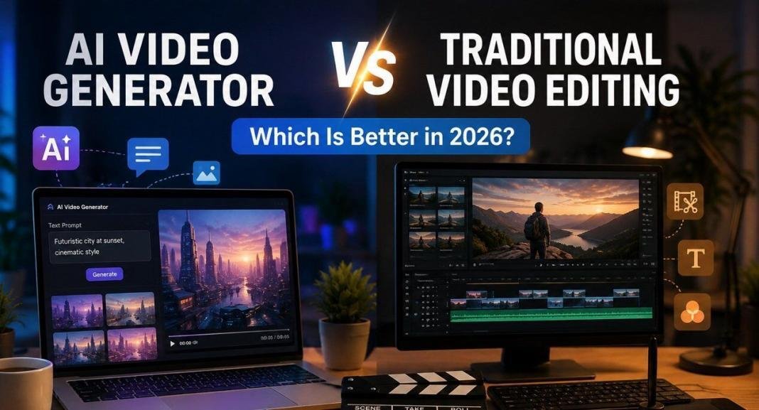 AI video generator compared with traditional video editing on computer screens