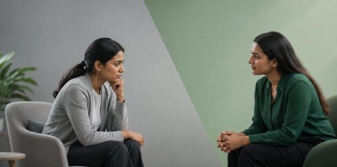 Two women discussing mental health and workplace wellbeing