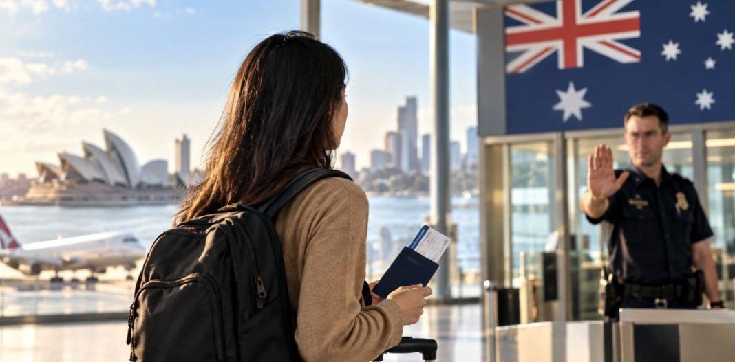Australia Australian visa holder at airport facing immigration control with passport and Australian skyline in background