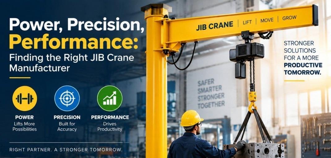 JIB crane JIB crane lifting equipment in a manufacturing facility, illustrating power, precision and performance when choosing the right JIB crane manufacturer