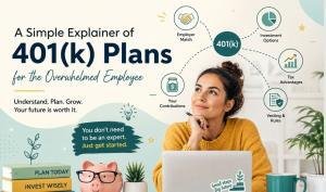 401(k) plan guide for overwhelmed employees explaining employer matching, contributions, investment options, and retirement planning