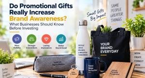 Promotional gifts for brand awareness, featuring branded bottles, mugs, bags, notebooks and office products