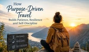 Traveler reflecting on a purposeful journey while viewing a mountain landscape
