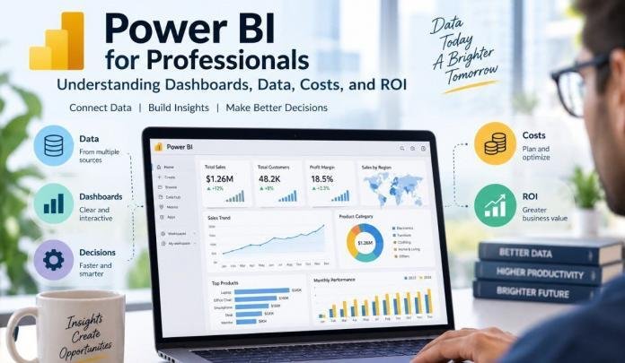 Power BI dashboard showing data analytics, business insights, costs, and ROI for professionals
