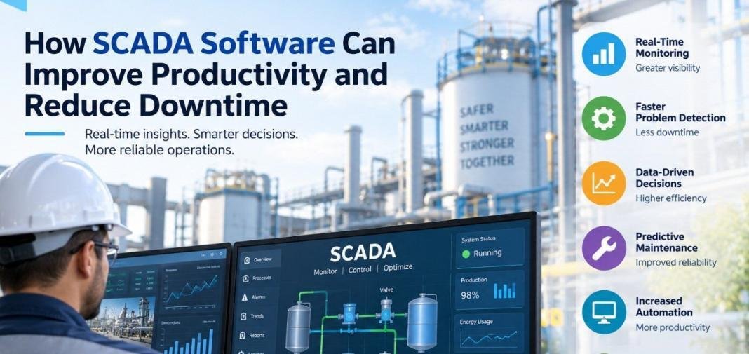 scada SCADA software dashboard showing real-time industrial monitoring and productivity data to reduce downtime