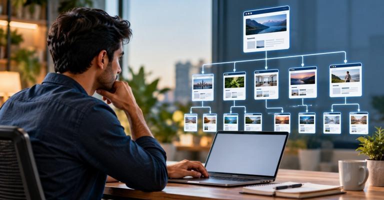 Website owner reviewing an XML sitemap and website structure on a laptop
