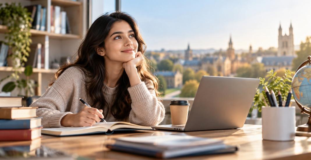 Student studying academic grades with laptop and notebook for CGPA, percentage, and GPA conversion