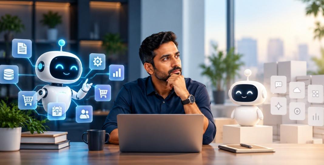 Business professional comparing custom AI chatbots with off-the-shelf chatbot tools
