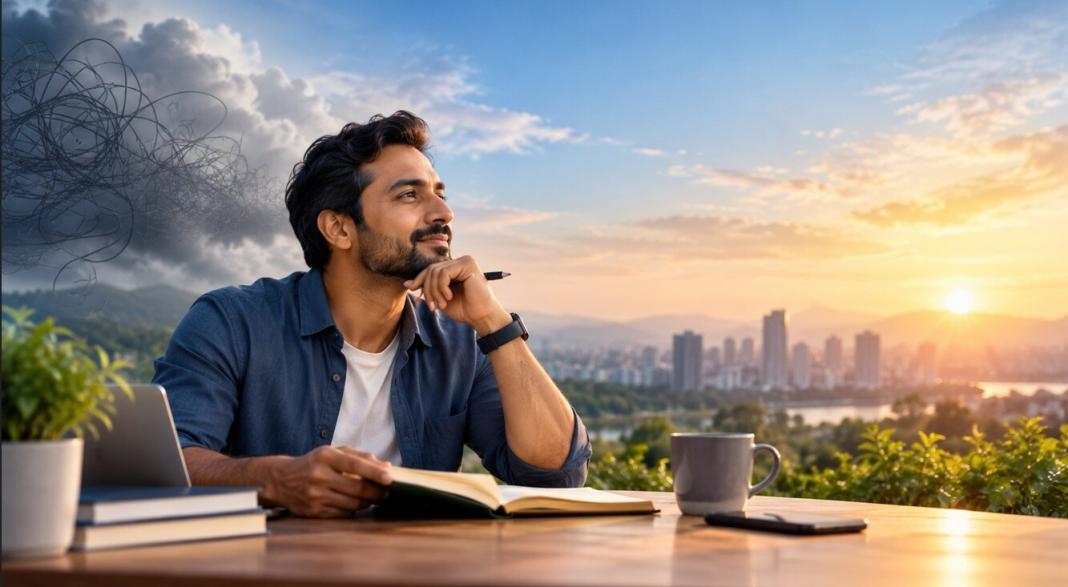 A professional reflecting on mental resilience and personal growth while journaling at sunrise, representing healthy habits for managing everyday challenges.