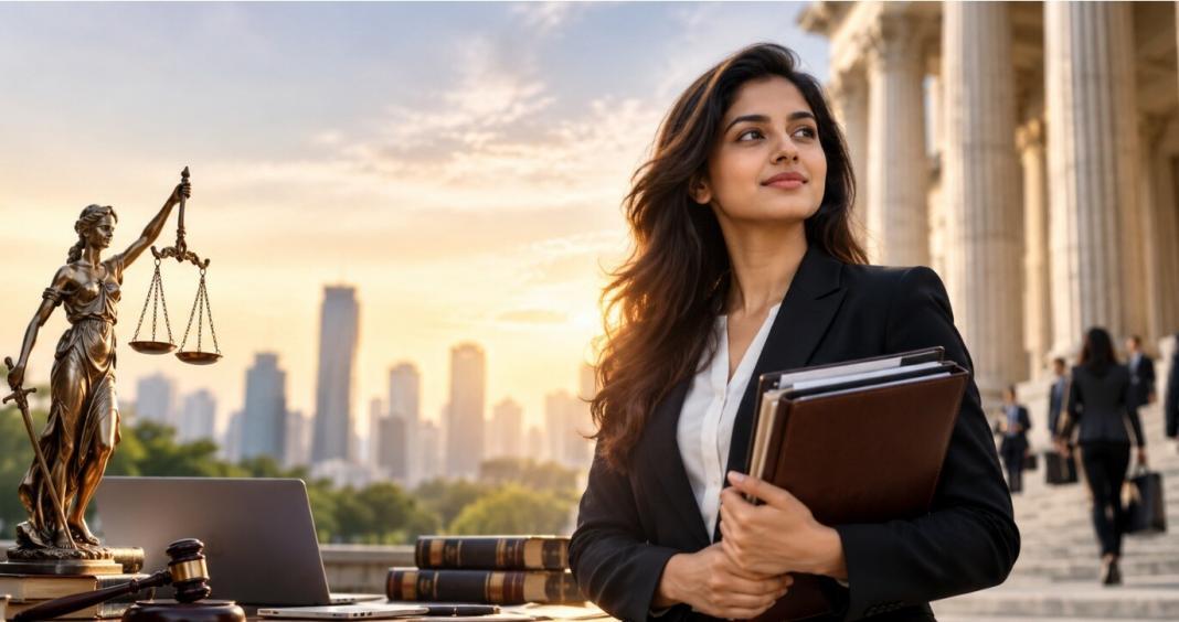 Professional woman lawyer holding legal documents outside a courthouse, representing a career in law