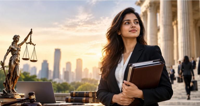Professional woman lawyer holding legal documents outside a courthouse, representing a career in law